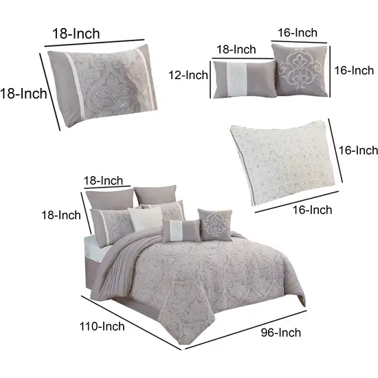 King Size 10 Piece Fabric Comforter Set with Medallion Prints, White Photo 6