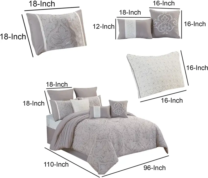 King Size 10 Piece Fabric Comforter Set with Medallion Prints, White Photo 6