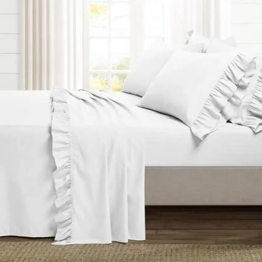 King Size 6-Piece Microfiber White Ruffle Sheet Set Photo 3