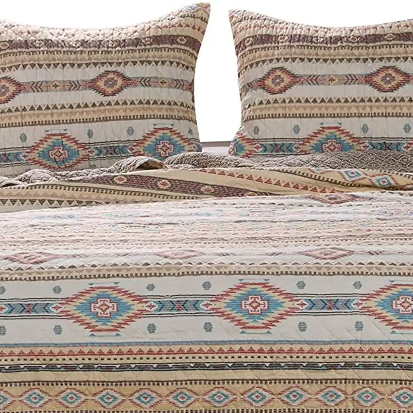 King Size 3 Piece Polyester Quilt Set with Kilim Pattern, Multicolor Photo 5