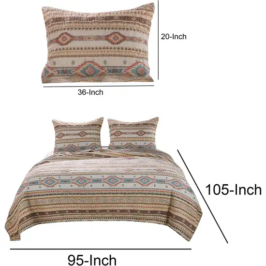 King Size 3 Piece Polyester Quilt Set with Kilim Pattern, Multicolor Photo 6