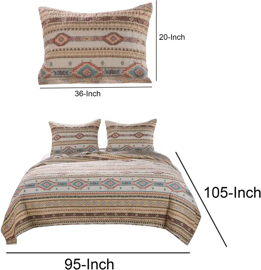 King Size 3 Piece Polyester Quilt Set with Kilim Pattern, Multicolor Photo 6