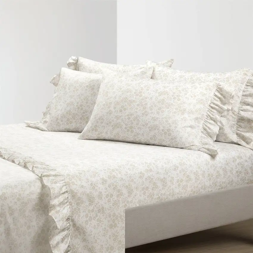 King Size Polyester Tan Ruffle Floral 6 Piece Sheet Set Photo 2