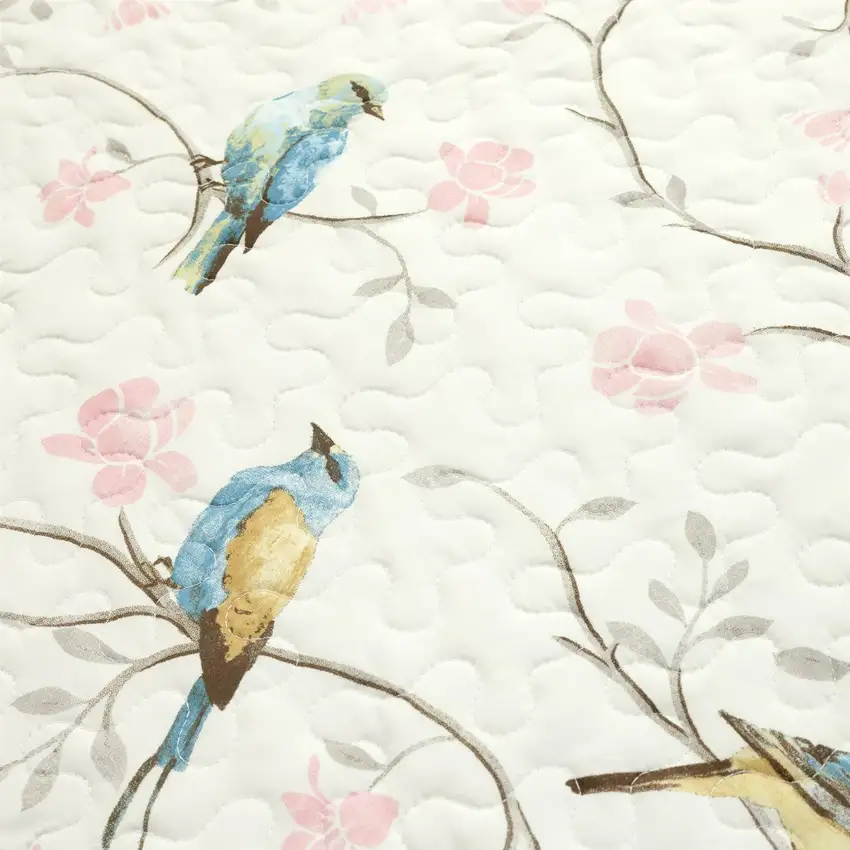 King Size Reversible Cotton Lightweight Floral Birds 3 Piece Quilt Set Photo 3