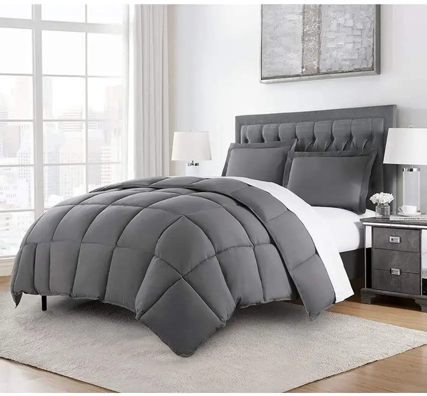 King Size Reversible Microfiber Down Alternative Comforter Set in Grey Photo 1