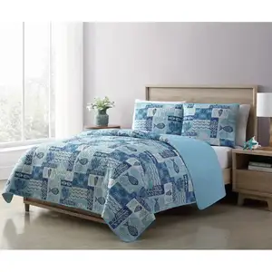 Photo of King size Aqua Blue Cream Beach Sea Shells Coral Fish Coastal 3-Piece Quilt Set