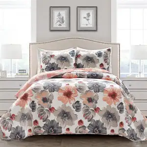 Photo of King size Coral Grey Flowers Lightweight Polyester Microfiber Quilt Set