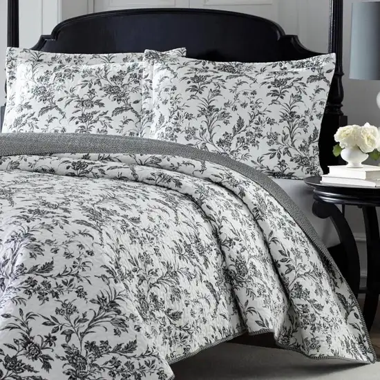 King size Cotton Blend 3-Piece Reversible Quilt Set in Grey White Floral Design Photo 1