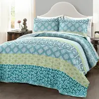 Photo of King size Cotton 3 Piece Reversible Blue White Green Floral Damask Quilt Set