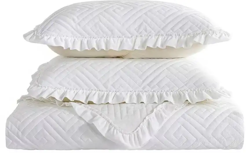 King size Ivory White Velvet Microfiber Polyester Reversible 3-Piece Quilt Set Photo 2