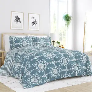 Photo of King size 3-Piece Blue and White Reversible Floral Striped Comforter Set