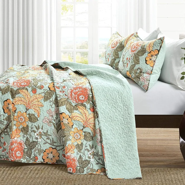 King size 3 Piece FarmHouse Teal Floral Cotton Reversible Quilt Set Photo 3