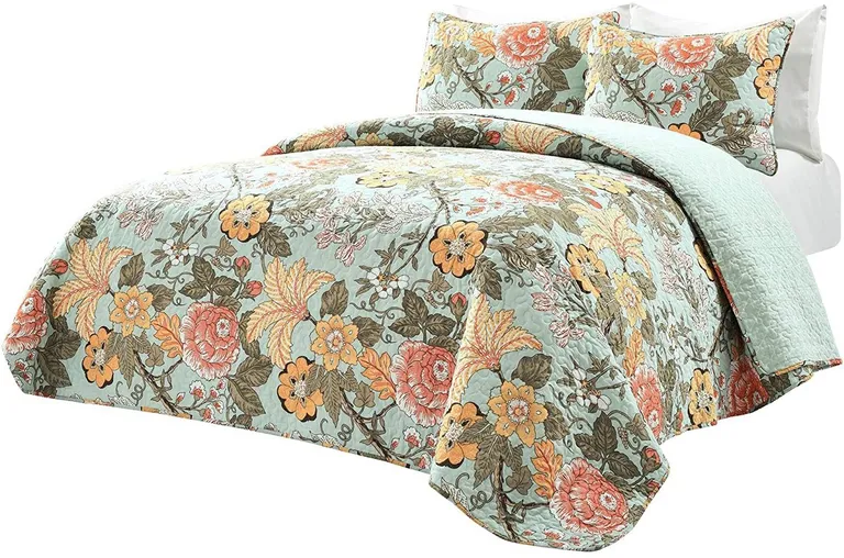 King size 3 Piece FarmHouse Teal Floral Cotton Reversible Quilt Set Photo 1