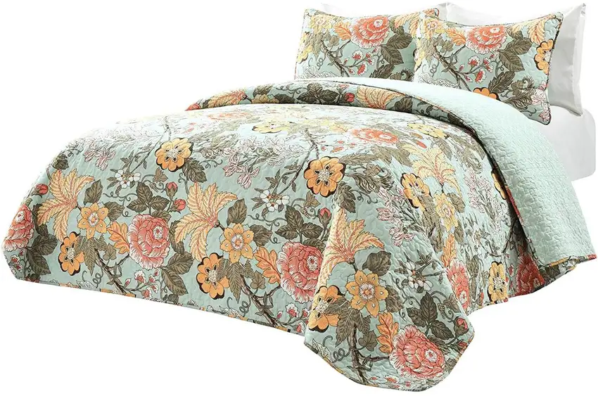 King size 3 Piece FarmHouse Teal Floral Cotton Reversible Quilt Set Photo 1