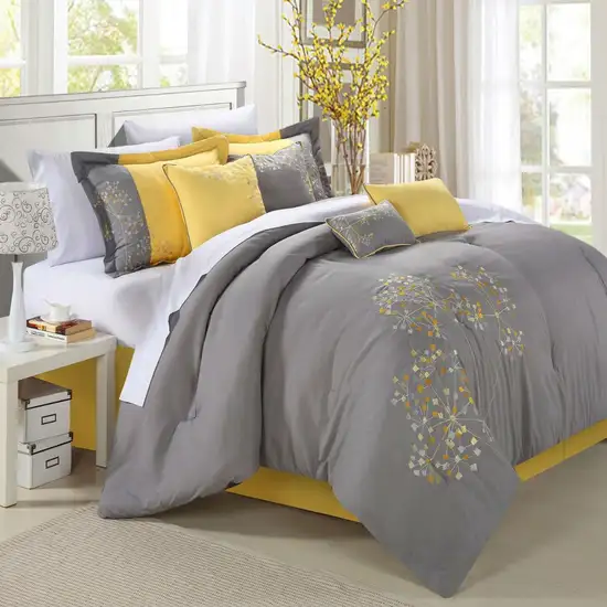 King size 8-Piece Modern Yellow Grey Floral Comforter Set Photo 1