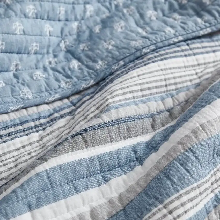King size 3 Piece Nautical Anchor Blue White Grey Cotton Reversible Quilt Set Photo 3