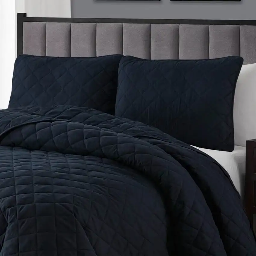 King size 3-Piece Navy Blue Polyester Microfiber Reversible Diamond Quilt Set Photo 3