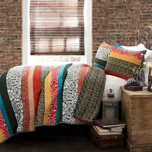 Photo of King size 3-Piece Quilt Set in Modern Colorful Stripe Geometric Floral Pattern