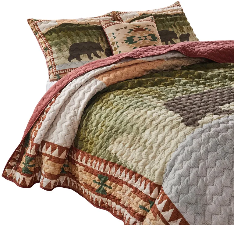 Kip 3 Piece Soft Microfiber King Quilt Set, Simple Bear Print, Multicolor Photo 3