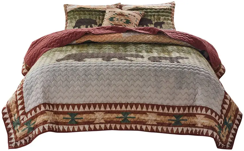 Kip 3 Piece Soft Microfiber King Quilt Set, Simple Bear Print, Multicolor Photo 2