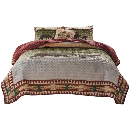 Kip 3 Piece Soft Microfiber King Quilt Set, Simple Bear Print, Multicolor Photo 2