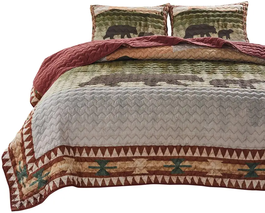 Kip 3 Piece Soft Microfiber King Quilt Set, Simple Bear Print, Multicolor Photo 1