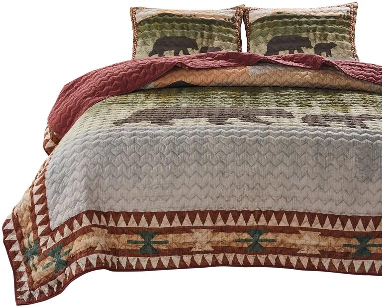 Kip 3 Piece Soft Microfiber King Quilt Set, Simple Bear Print, Multicolor Photo 1