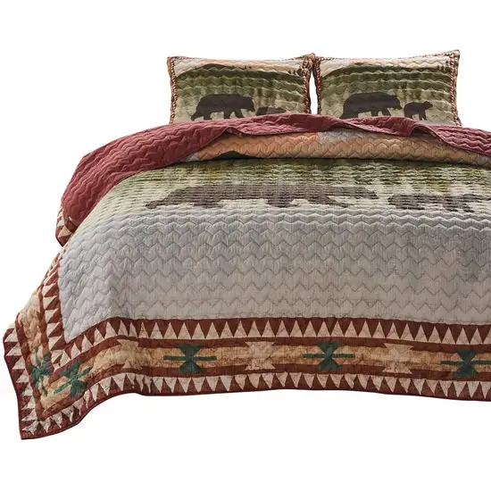 Kip 3 Piece Soft Microfiber King Quilt Set, Simple Bear Print, Multicolor Photo 1
