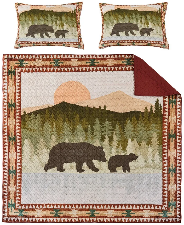 Kip 3 Piece Soft Microfiber King Quilt Set, Simple Bear Print, Multicolor Photo 4