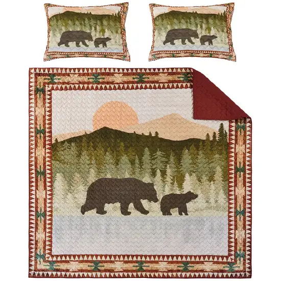 Kip 3 Piece Soft Microfiber King Quilt Set, Simple Bear Print, Multicolor Photo 4