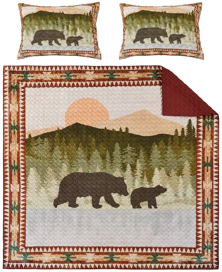 Kip 3 Piece Soft Microfiber King Quilt Set, Simple Bear Print, Multicolor Photo 4