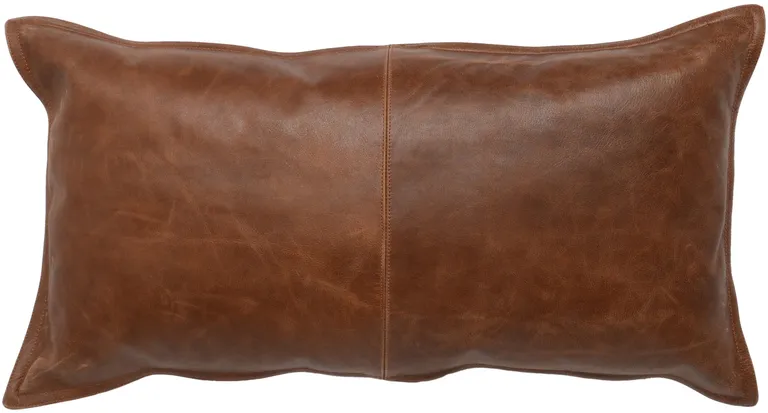 Leatherette Throw Pillow with Stitched Details and Flanged Edges, Brown Photo 1