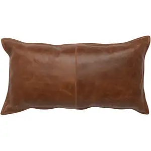 Photo of Leatherette Throw Pillow with Stitched Details and Flanged Edges, Brown
