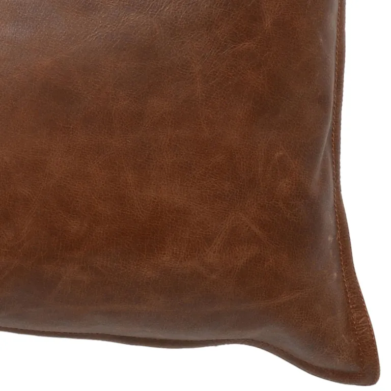 Leatherette Throw Pillow with Stitched Details and Flanged Edges, Brown Photo 4