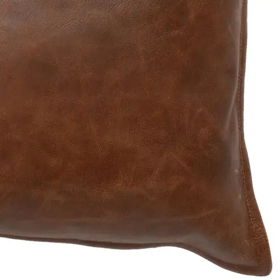 Leatherette Throw Pillow with Stitched Details and Flanged Edges, Brown Photo 4