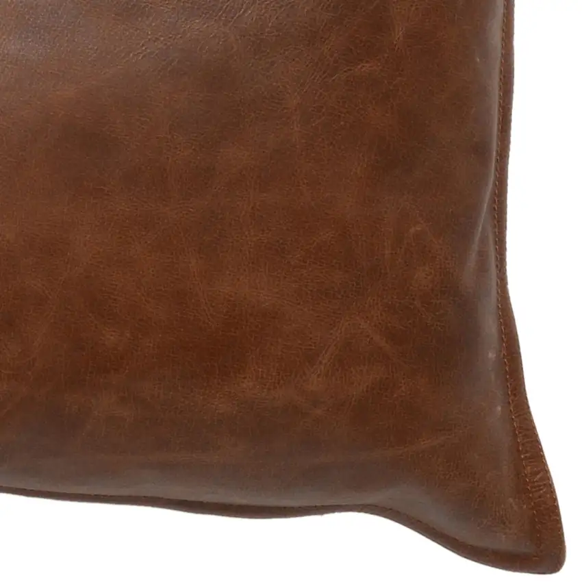 Leatherette Throw Pillow with Stitched Details and Flanged Edges, Brown Photo 4