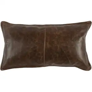 Photo of Leatherette Throw Pillow with Stitched Details and Flanged Edges,Dark Brown
