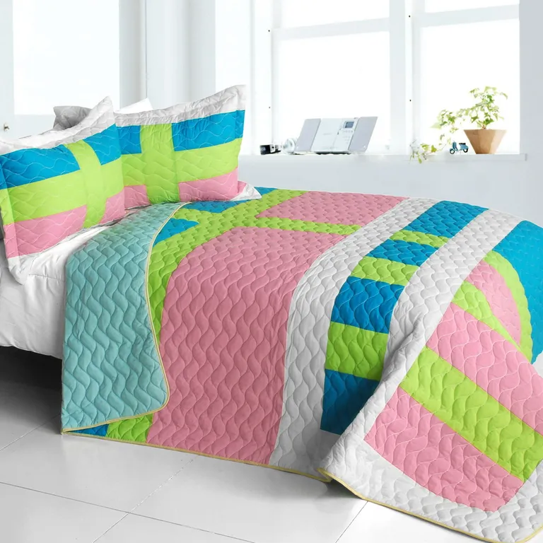 Lollipops - A - Vermicelli-Quilted Patchwork Geometric Quilt Set Full/Queen Photo 1