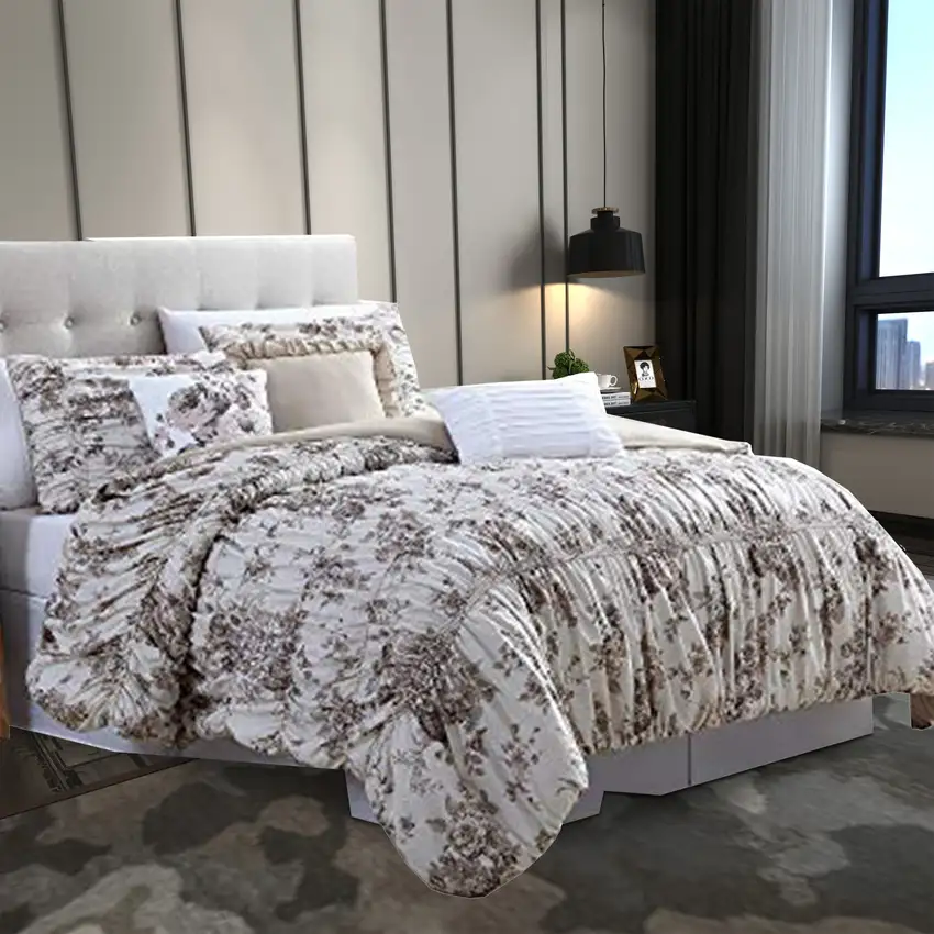 Lyon 6 Piece Floral King Comforter Set with Shirring The Urban Port, Beige and Brown Photo 6