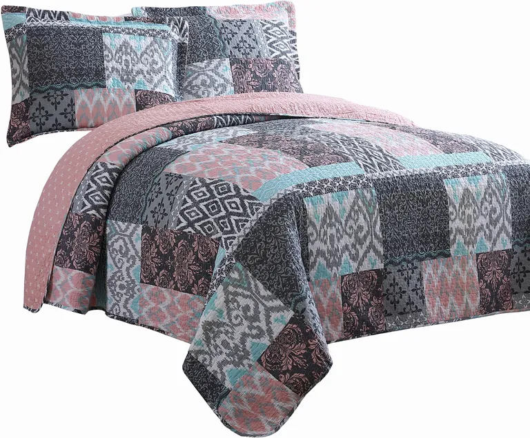 Mai 3 Piece King Cotton Quilt Set, Damask, Patchwork, Reversible, Blue Photo 5