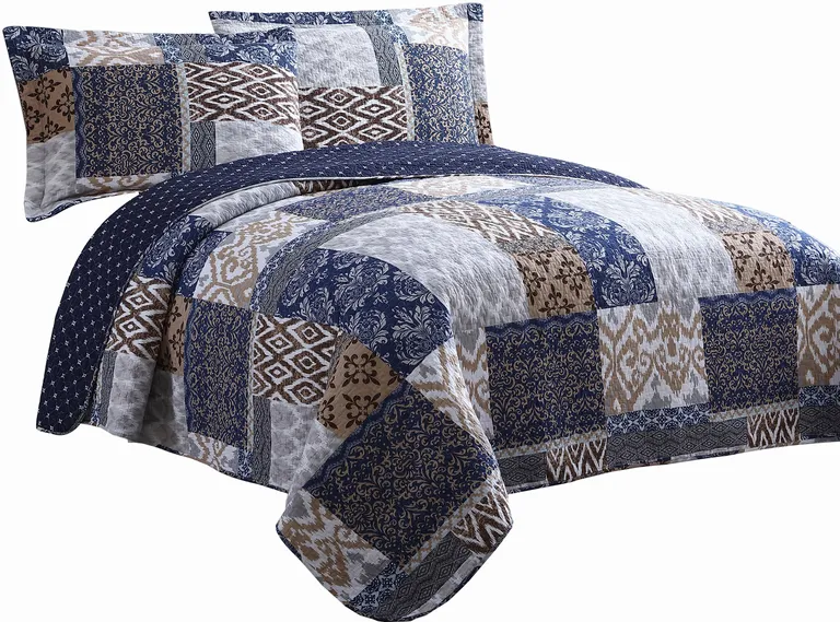 Mai 3 Piece King Cotton Quilt Set, Patchwork, Reversible Photo 1