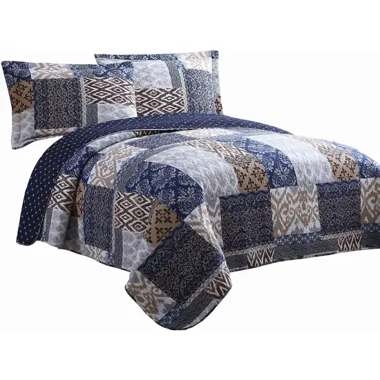 Mai 3 Piece King Cotton Quilt Set, Patchwork, Reversible Photo 1