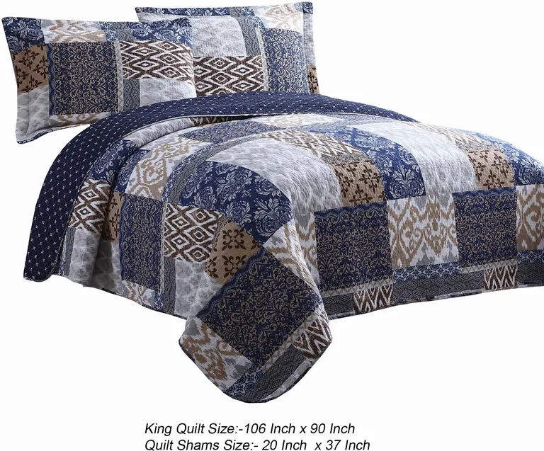 Mai 3 Piece King Cotton Quilt Set, Patchwork, Reversible Photo 4
