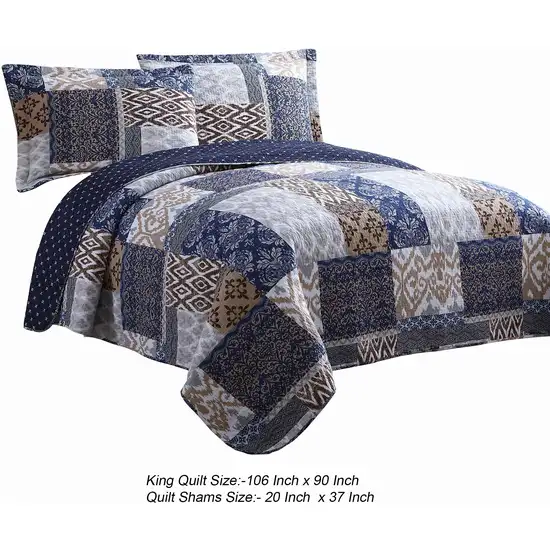 Mai 3 Piece King Cotton Quilt Set, Patchwork, Reversible Photo 5