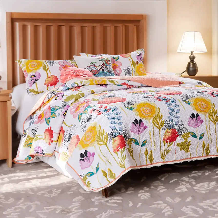Mavi 4 Piece Reversible Twin Quilt Set, Spring Floral Print, Multicolor Photo 7