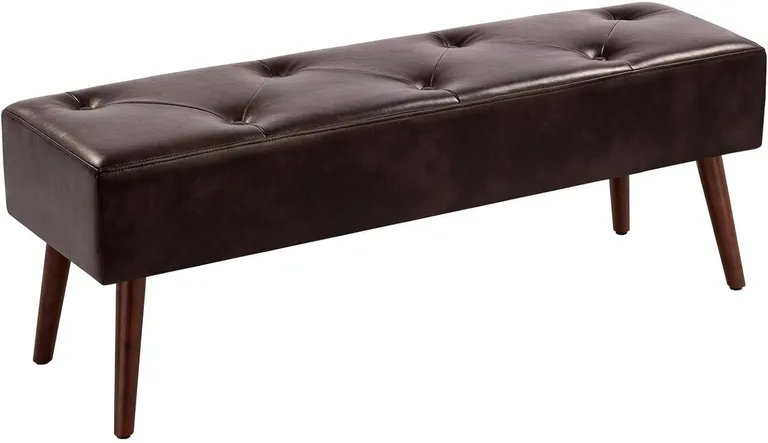 Mid-Century Bed Bench with Dark Brown Leather Upholstered Seat Solid Wood Legs Photo 3