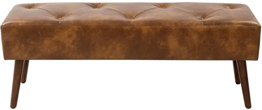 Mid-Century End of Bed Bench with Brown Leather Upholstered Seat Solid Wood Legs Photo 4