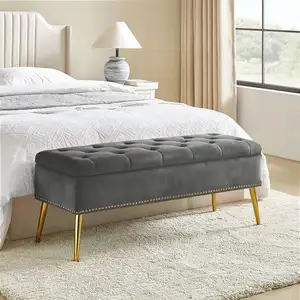 Photo of Mid-Century Modern End of Bed Storage Bench with Gray Velvet Seat and Gold Legs