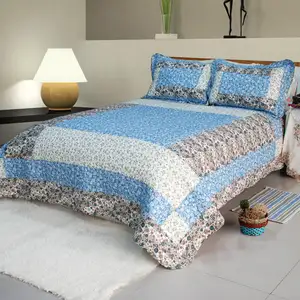 Photo of Midsummer Dream - 100% Cotton 3PC Floral Vermicelli-Quilted Patchwork Quilt Set (Full/Queen Size)