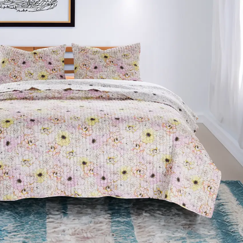 Milan 3 Piece Microfiber Blooming Flower Pattern Queen Quilt Set, White and Pink Photo 7
